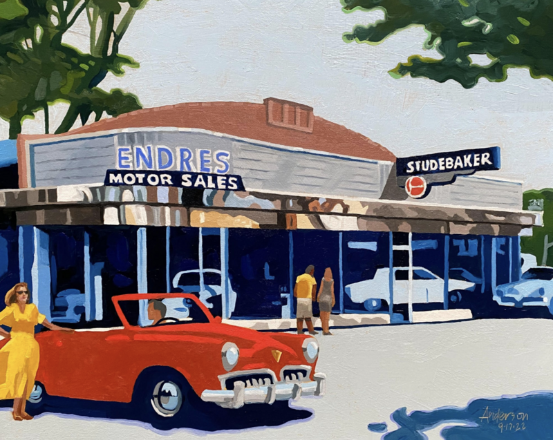 An impressionistic painting by Michael Anderson titled Mid-century Auto Dealership, measuring 16 x 20 x 0.75 inches. The artwork portrays a nostalgic scene of a mid-century Studebaker dealership named 'Endres Motor Sales,' with a sleek, modernist building featuring large glass windows. A bright red vintage Studebaker convertible is parked in front, with a stylish woman in a yellow dress leaning against it. The painting captures a retro Americana aesthetic with bold colors and dynamic contrasts. The artist's signature is visible in the lower right corner.